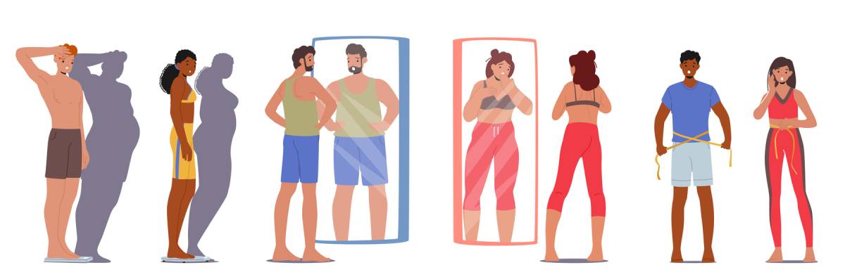The image shows illustrations of people of various races and genders all seeing distorted representations of their bodies. The image reflects the symptoms and causes of body dysmorphic disorder and the fact in can affect anyone regardless of background.