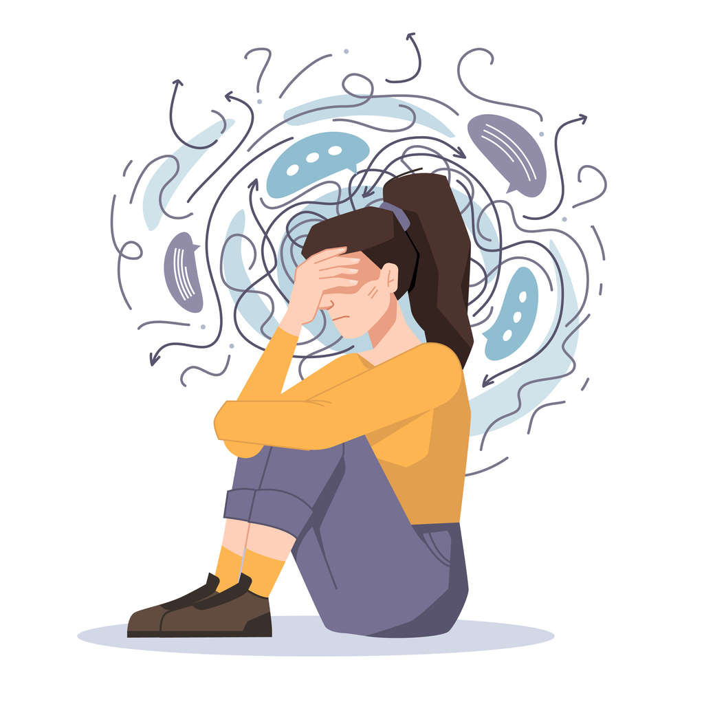 The illustration shows a woman sitting on the floor with a hand cover her face and thoughts spiraling around her as she deals with a panic attack. The intention is to explain how to mange panic disorder.